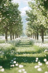 Poster - Beautiful White Flower Path with Trees in Spring