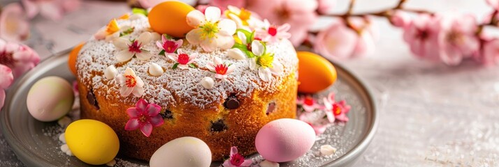 Sticker - Traditional Easter Cake with Colorful Eggs and Floral Decorations