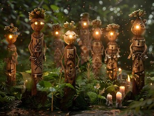 Mystical Puppet Ritual in Enchanted Forest with Flickering Candlelight and Ancient Symbols