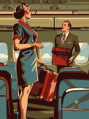 Aufkleber - A flight attendant in a uniform helps a passenger with their luggage while the aircraft is in flight. Generative AI