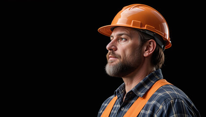 A construction worker man with a beard wearing an orange hard hat and a plaid shirt , looking serious against a dark background 