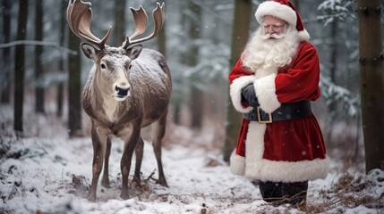 Wall Mural - Santa claus and reindeer in snowy forest, symbolizing the joy of new year and christmas celebration