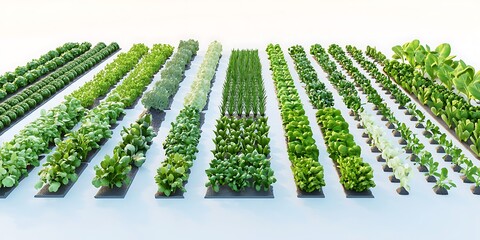 Wall Mural - Green Vegetable Crops Growing in Rows on White Background