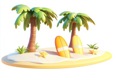 Wall Mural - Realistic mockup or 3D rendering of a summer pink vacation beach theme with a surfboard, island and sand background.