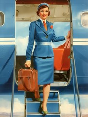 Aufkleber - The flight attendant, dressed in a vibrant uniform, smiles warmly while holding a briefcase and stepping down from the airplane. Generative AI