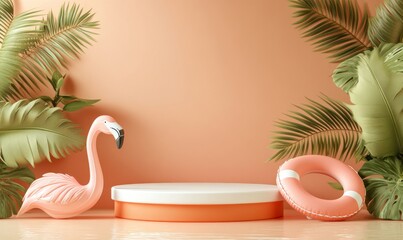 Wall Mural - The beach with flamingo inflatable rings serves as the background concept for the summer pink vacation, a realistic display podium for a product mock-up or cosmetics with a summer pink theme. It is