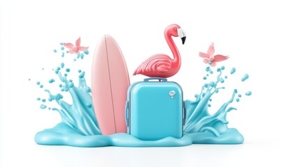 Wall Mural - Vacation beach scene with suitcase luggage, inflatable rings and other elements isolated on a clear png background. Minimal cute design.