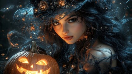 Beautiful witch with glowing pumpkin on Halloween night

