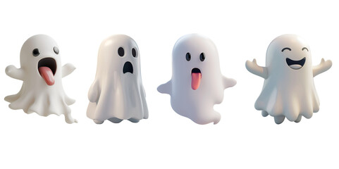 Wall Mural - Collection Set of 3D Cartoon Style Halloween Ghosts with Very Funny Faces, Isolated on Transparent Background, PNG