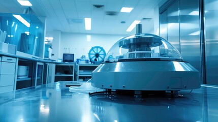 Poster - A close-up shot of a high-tech, dome-shaped, scientific machine with a circular, rotating element inside. The machine is in a sterile, modern laboratory, which is visible in the background.