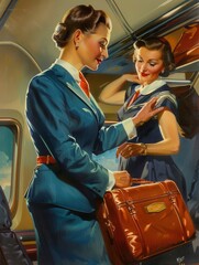 Aufkleber - Two flight attendants help a passenger with her luggage while warmly interacting in an aircraft cabin setting. Generative AI