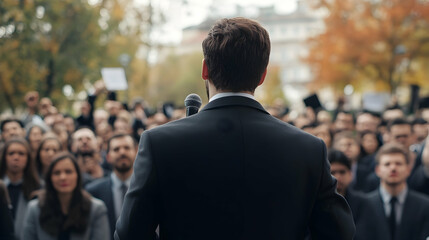 Wall Mural - Man doing a speech outdoor in front of a crowd of members of a political party