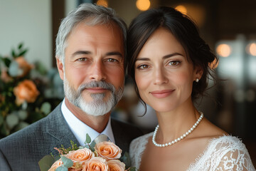 A photo of an attractive senior couple in their wedding attire. He has short gray hair and a beard, wearing a black bow tie