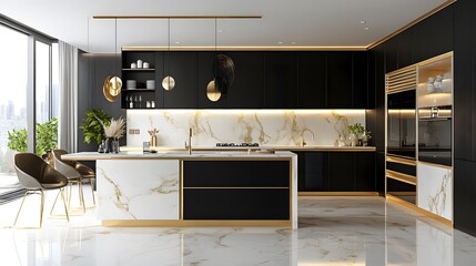 Sticker - A contemporary, chic kitchen featuring stylish black and white cabinets, golden fixtures, and marble tiles
