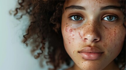 Young Woman with Acne, Scars, and Freckles, Embracing Skin Imperfections. Mpox, covid, vaccines