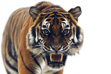 Wall Mural - Isolated Asia Bengal tiger looking at camera on clean PNG background, hunter in a forest, wildlife concept.