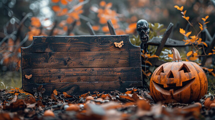 happy halloween, halloween night scary spooky pumpkins and monsters holding wooden blank mockup board , cards, banners, halloween party invitations, decor , october fall cold dark season 