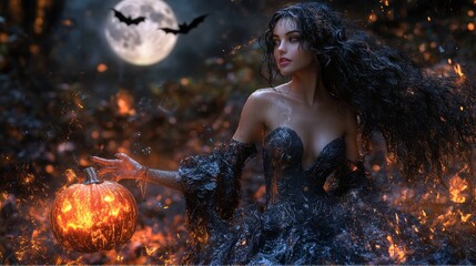 Beautiful witch with glowing pumpkin on Halloween night

