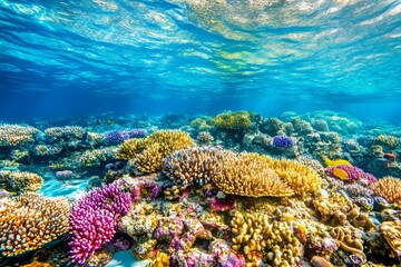 Wall Mural - An underwater scene with colorful fishes and plants at seabed background. Coral reef landscape in the deep of the ocean. Marine life concept.