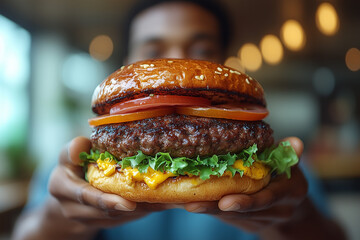 Close-up of a smiling Black man holding his hands out to show off his burger, against a blue background. Food photography, minimalist style