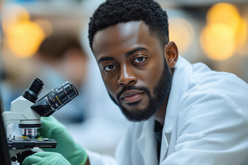 Wall Mural - A Black scientist in a white lab coat and green gloves is working on a computer, while another person with a dark skin tone wearing a blue shirt works behind them using a microscope