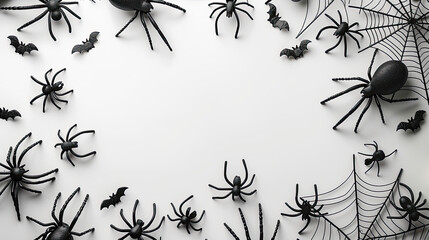 Wall Mural - happy halloween, black bats and spiders scary spooky on white background, cards, banners, halloween party invitations, decor , october fall cold dark season 