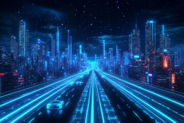 Wall Mural - The concept of a smart smart futuristic city with a digital glowing light reflection, a smart modern megacity, a neon technology background, and a nightlife smart future city with big data.