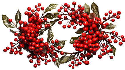 Canvas Print - Festive Christmas wreath of fresh natural spruce branches with red holly berries, isolated on transparent background.