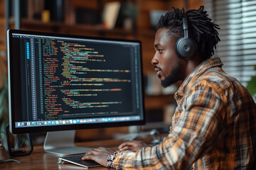 Black male programmer wearing headphones sitting at a desk with a computer screen displaying code, in an office setting.