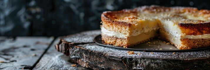 Wall Mural - Close-up of a traditional gateau basque featuring vanilla cream and pate sablee displayed on a rustic wooden board.