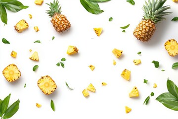 Half slices of pineapple floating in the air with green leaves isolated on a white background. Fresh organic fruit with high vitamin and mineral content.