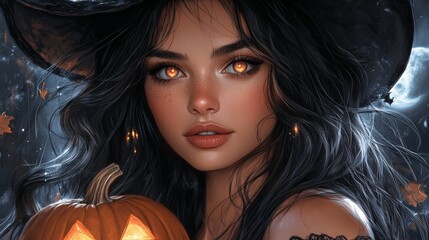 Beautiful witch with glowing pumpkin on Halloween night

