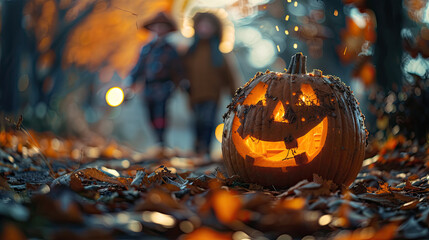 Kids out on halloween night with pumpking