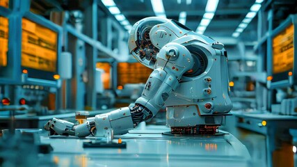 Poster - Robot and human face. Concept of artificial intelligence and cybersecurity