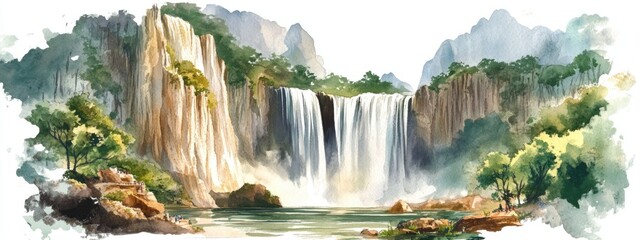 Watercolor illustration of a beautiful waterfall a natural wonder frequently visited by tourists