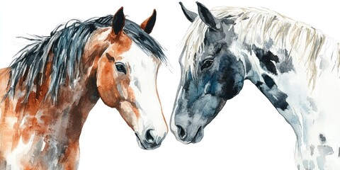 Watercolor depiction of two horses on a white background