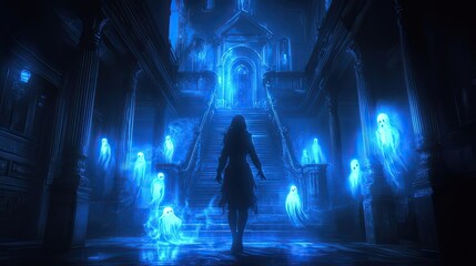 Wall Mural - A Woman Walks Through a Haunted Hallway Filled with Glowing Ghosts