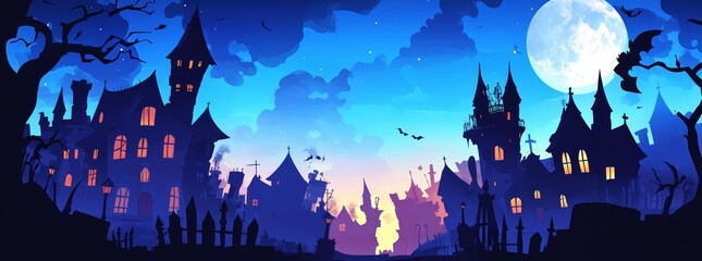 Wall Mural - Haunted halloween landscape background with a spooky castle, bats and a big moon in the sky at night. Happy Halloween! Party invitation card design. Empty poster template.	
