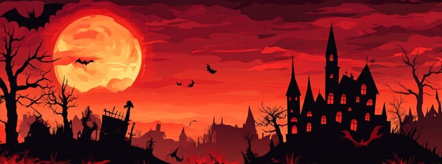 Wall Mural - Haunted halloween landscape with a spooky castle and a big moon at night. Orange sky background with bats. Happy Halloween! Party invitation card design. Empty poster template.