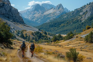 two hikers trekking through a scenic mountain valley in autumn