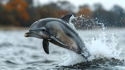 Amazon River Dolphin leaping out of the water, with ripples and splashes creating dynamic movement