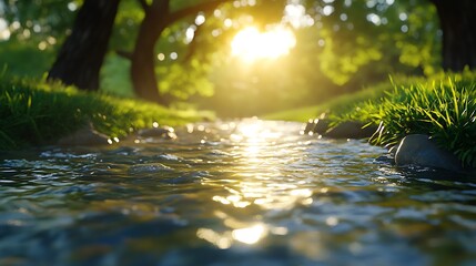 Wall Mural - Sunny Stream in Green Forest with Bokeh Light