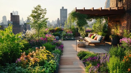 A rooftop garden with lush greenery and vibrant flowers, set against a clear sky