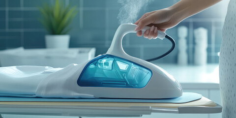 Close up female hand use electric steam, hot iron press white shirt clothes on ironing board, housework, hygiene, home laundry 