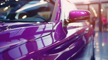 A close-up shot of a shiny purple car, with reflections of lights and a blurred background.