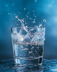 A glass of water with a clear blue background, water splashing on the surface, high-definition photography, close-up shots, commercial advertising images