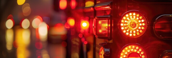 Close-up of red emergency lights on a fire truck at night, showcasing a firefighting vehicle in action extinguishing flames.