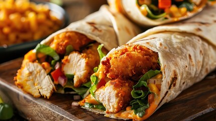 Two crispy chicken wraps with lettuce, tomato, red onion and a yellow sauce on a wooden surface.