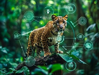 leopard in the jungle monitored by iot devices for endangered species protection