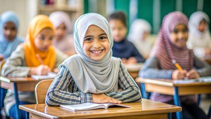 Smiling Muslim Arabic girl sitting at school desk in modern classroom. Back to school. Student with hijab. Islamic banner on white background